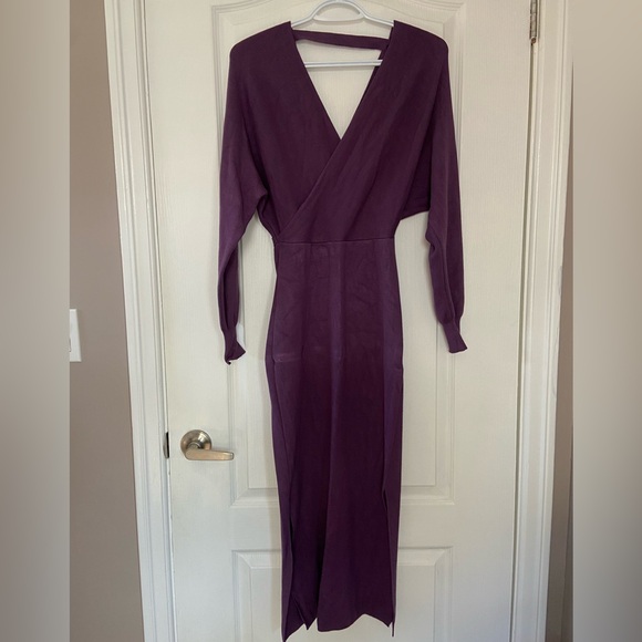 V Neck Batwing Long Sleeve Wrap Cozy Fall Sweater Dress - Picture 8 of 9